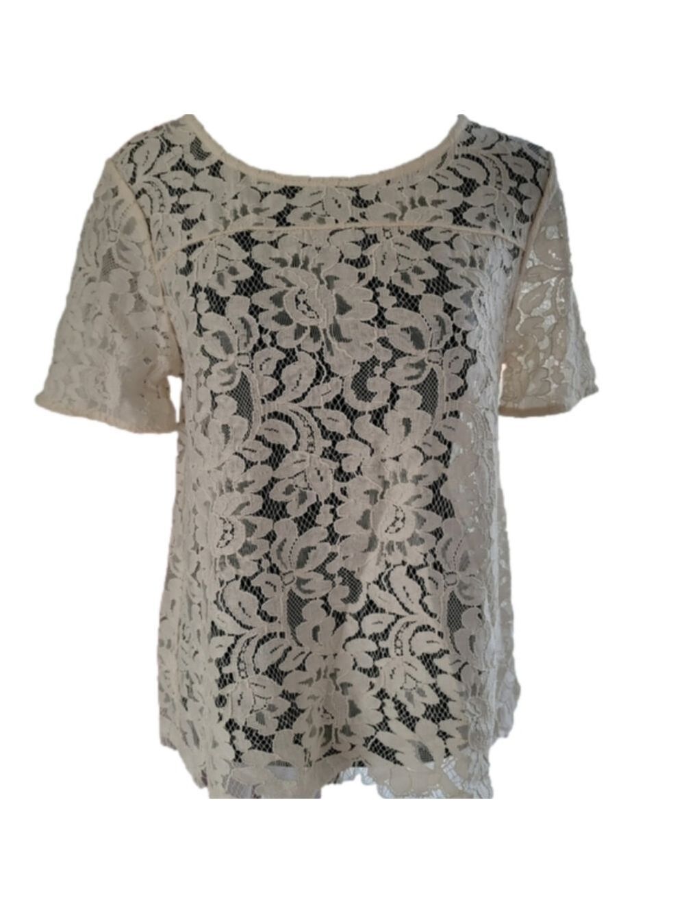 𝅺lace Overlay Loft Short Sleeve Crewneck Shirt Size XS EUC